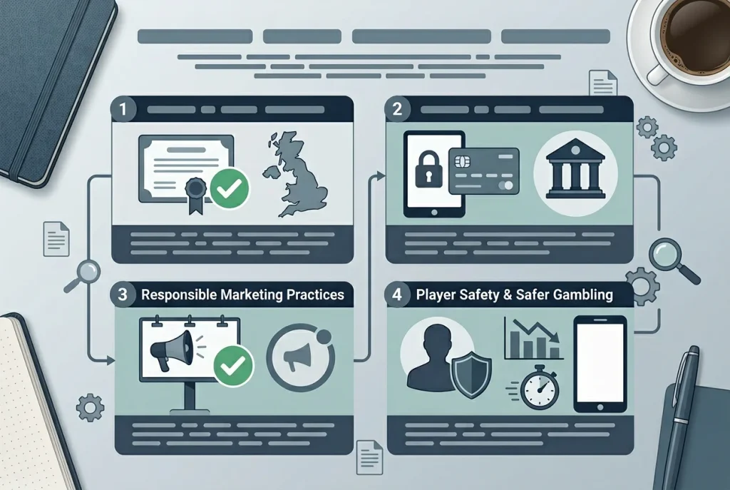 UK online casino compliance checklist with licence payment marketing and safety boxes