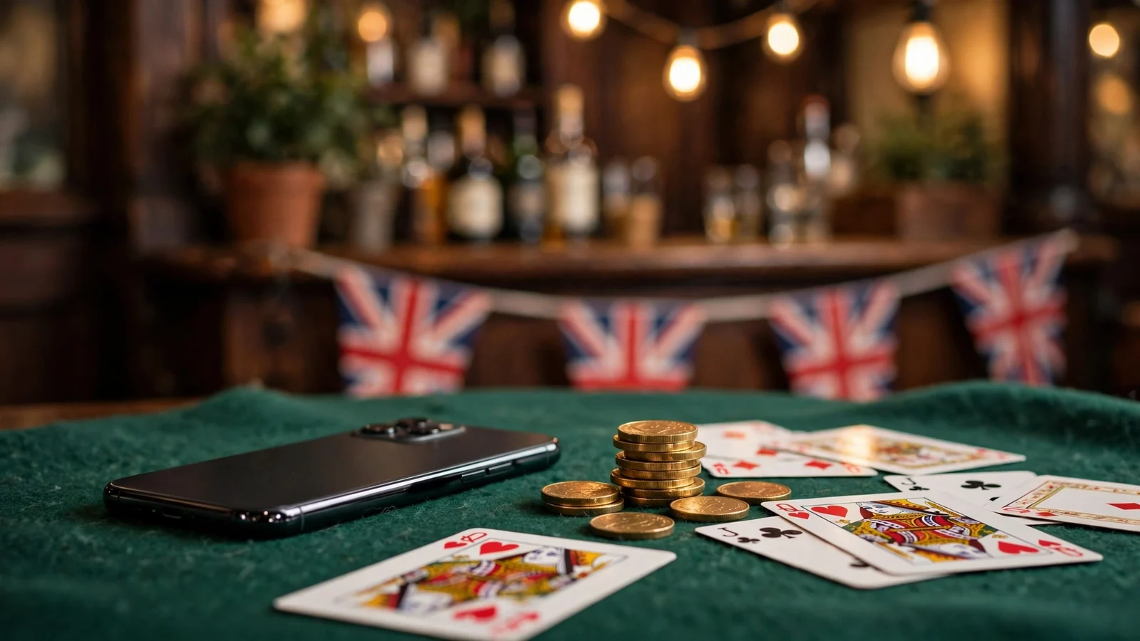 British pub setting with smartphone, gold coins, and playing cards on green felt