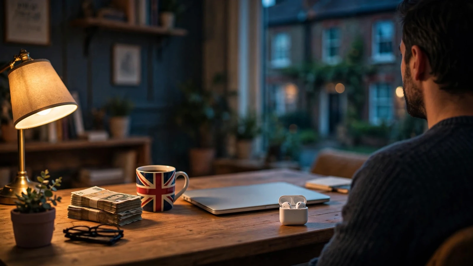 British home desk with pound notes, mug, and closed laptop at night