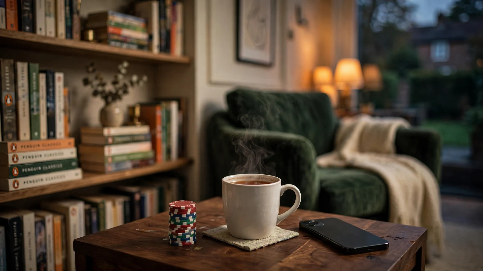 Cozy British living room with poker chips, and a face-down smartphone beside a cup of tea
