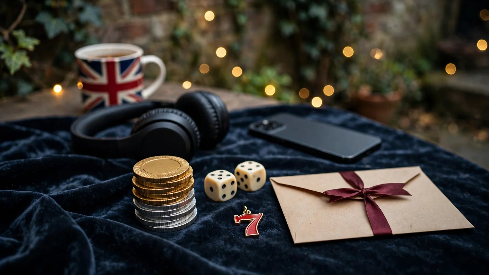 Casino chips, dice, and a welcome envelope on a dark background, UK-themed setting