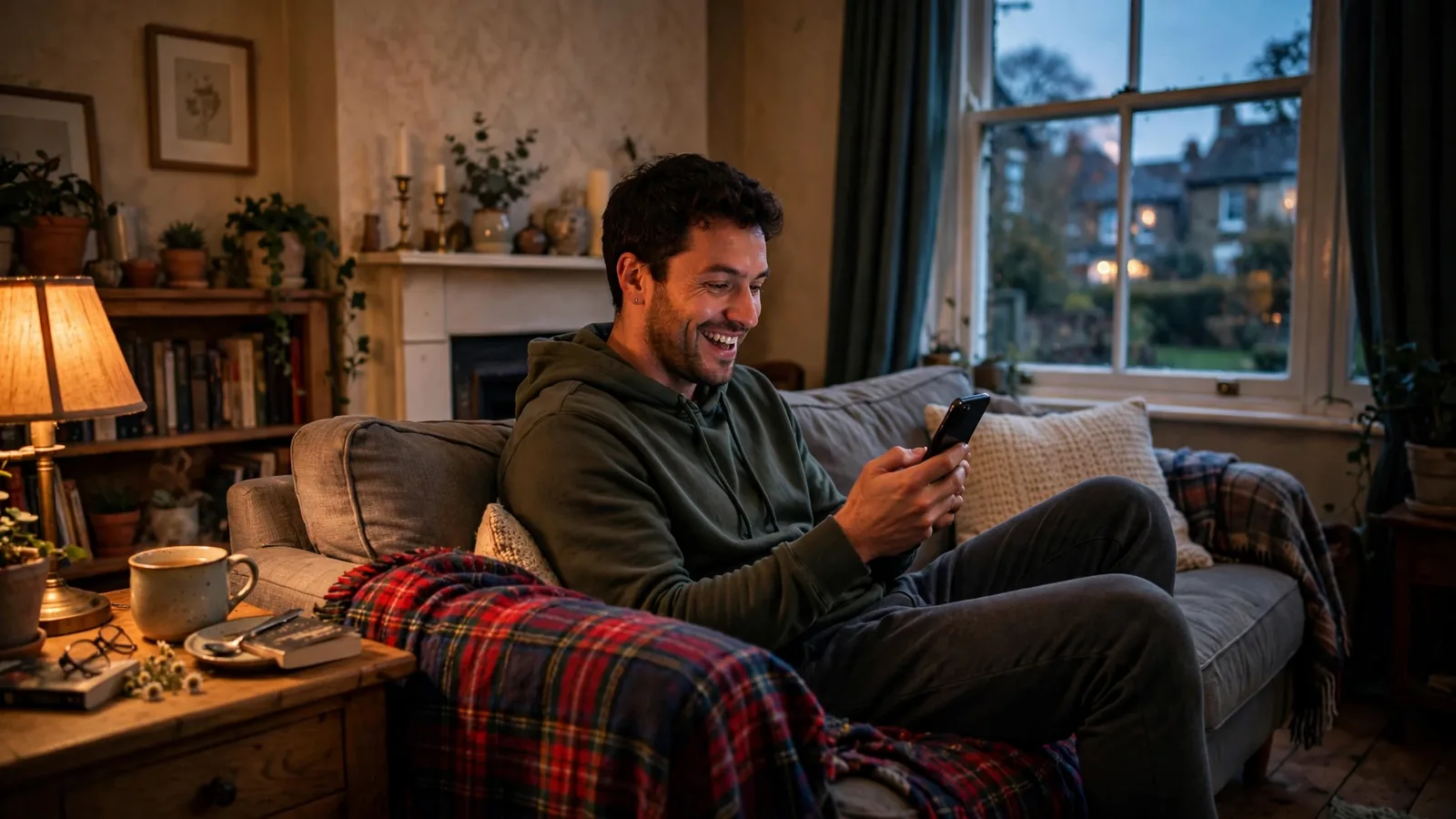 Person relaxing on sofa with smartphone in cozy British living room