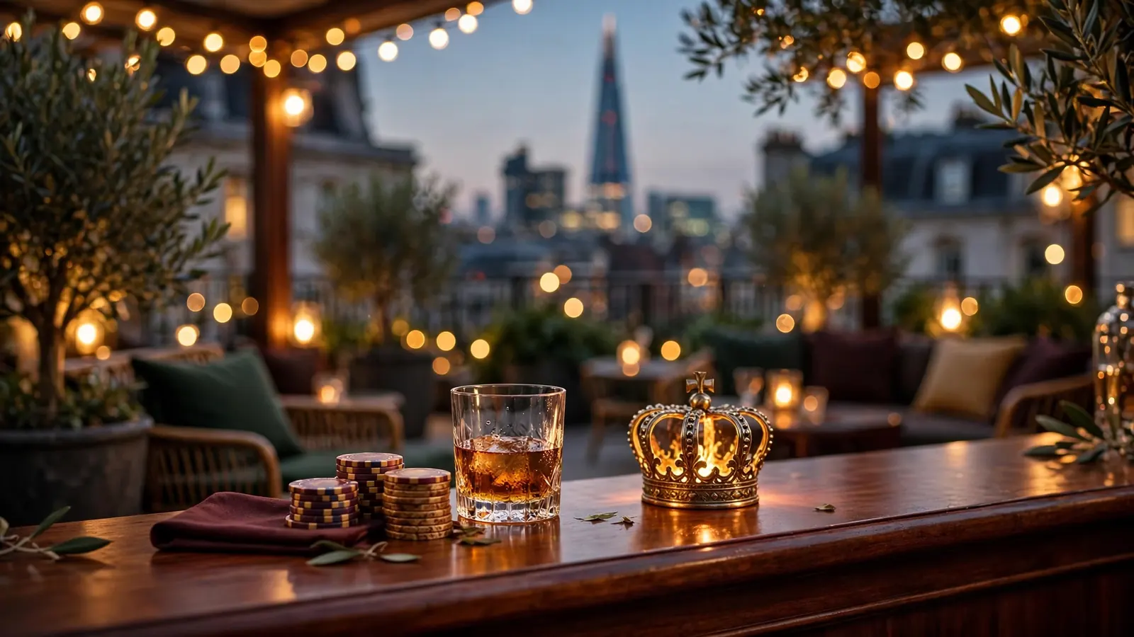 London rooftop casino lounge at dusk with chips and a glowing crown figurine