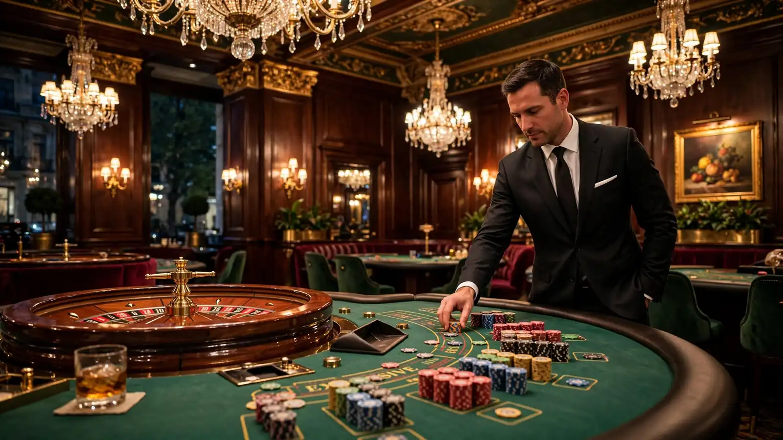 Luxurious London casino interior with high-roller gaming table and roulette wheel