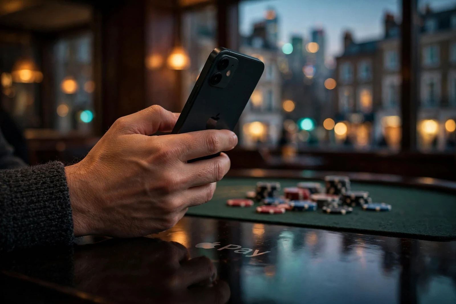 Hand holding smartphone near casino chips, Apple Pay theme