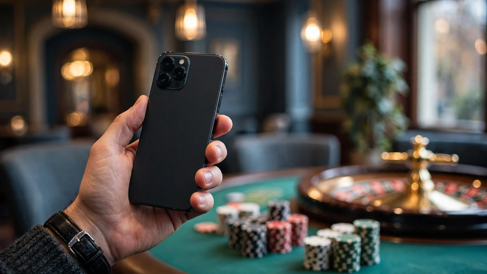 Hand holding a smartphone near a roulette table with casino chips in a UK casino.