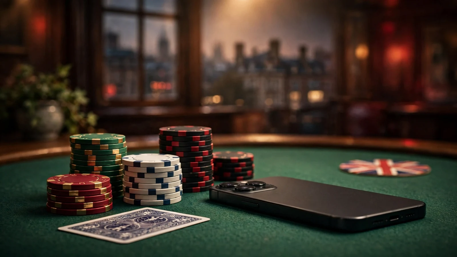Smartphone on a casino table with poker chips, a card, and subtle British setting hints.