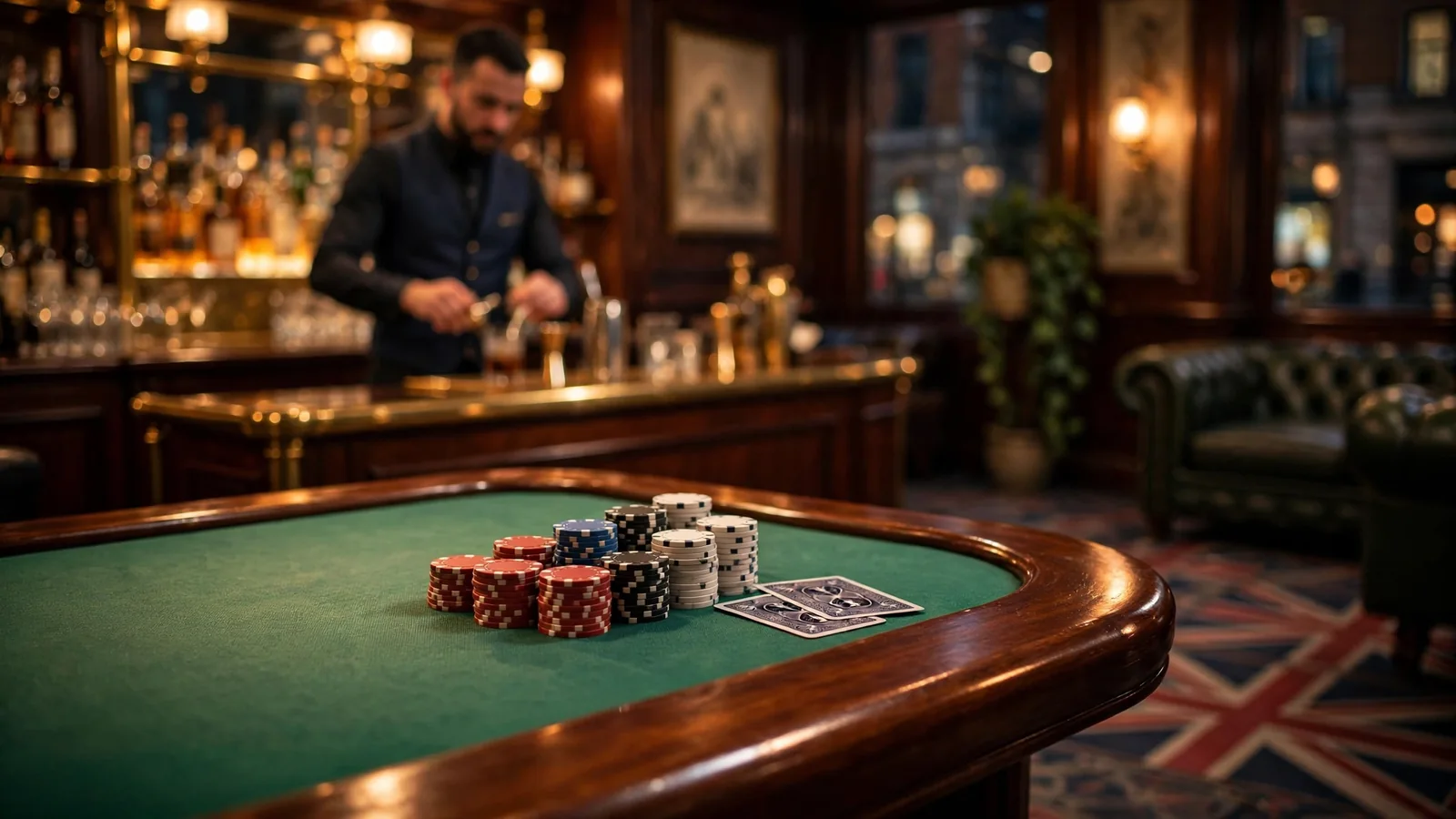 Elegant London casino lounge with chip stacks and face-down cards on a green felt table.