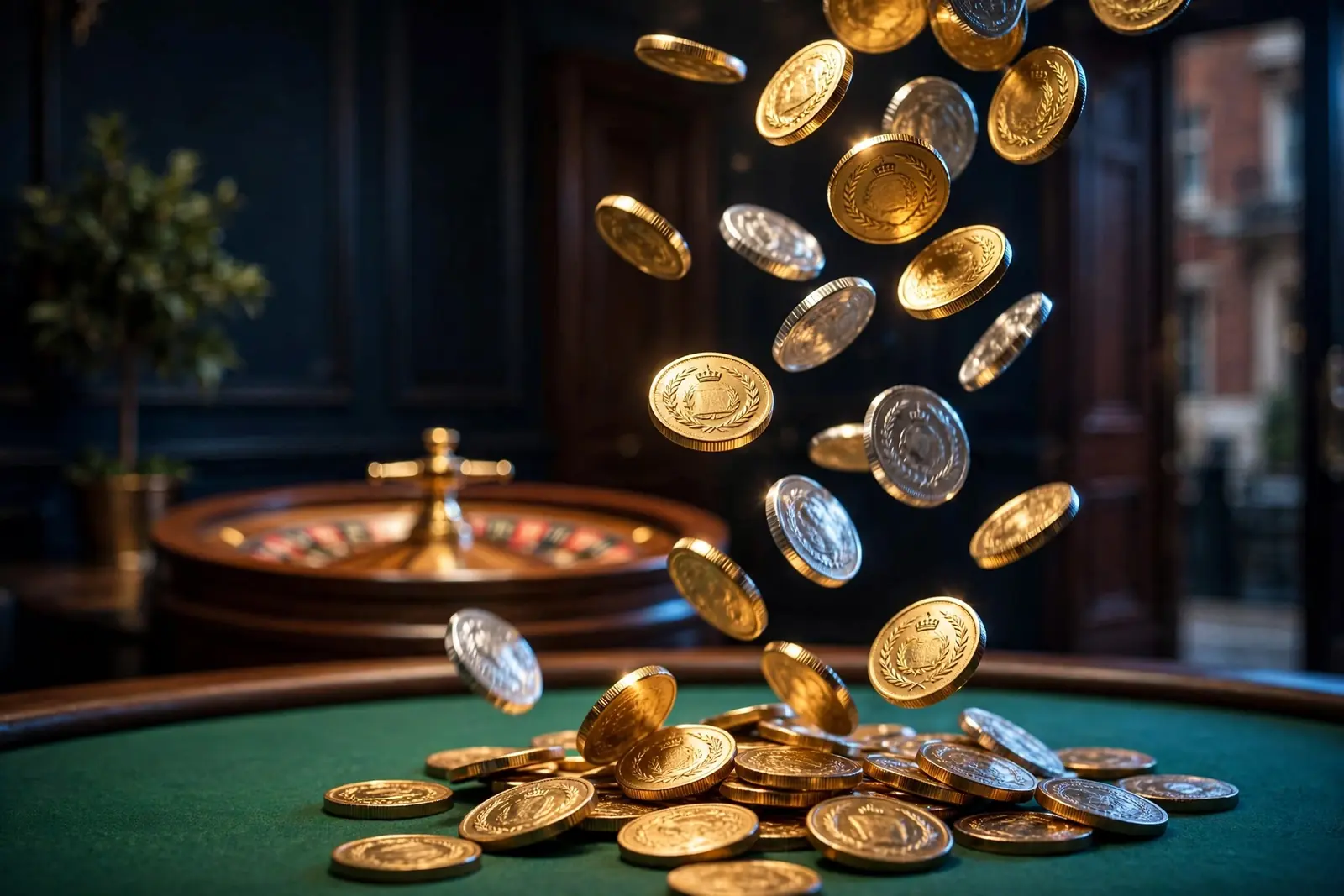 Cascading gold coins and tokens above a roulette table, dramatic lighting