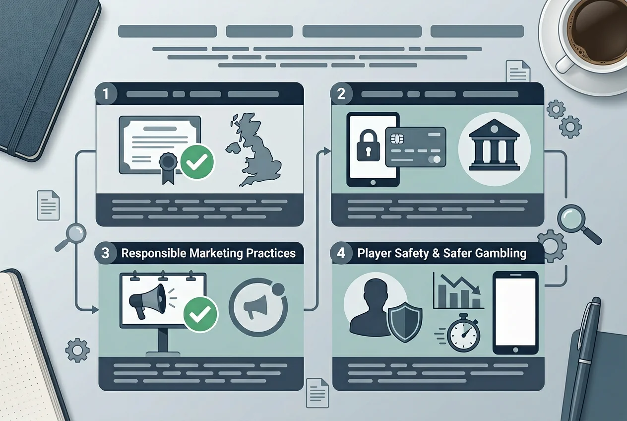 UK online casino compliance checklist with licence payment marketing and safety boxes