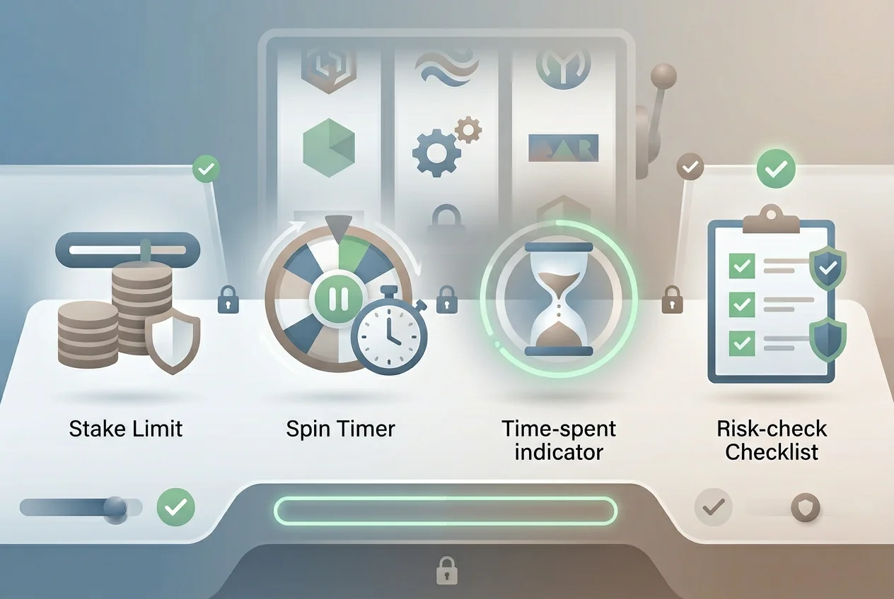 Online slots safety diagram with stake limit spin design and risk-check icons