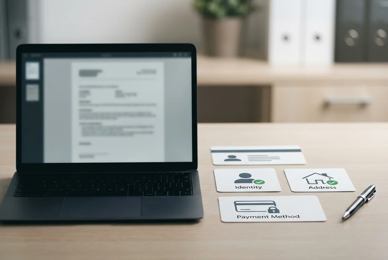 KYC document checklist with identity address and payment method icons