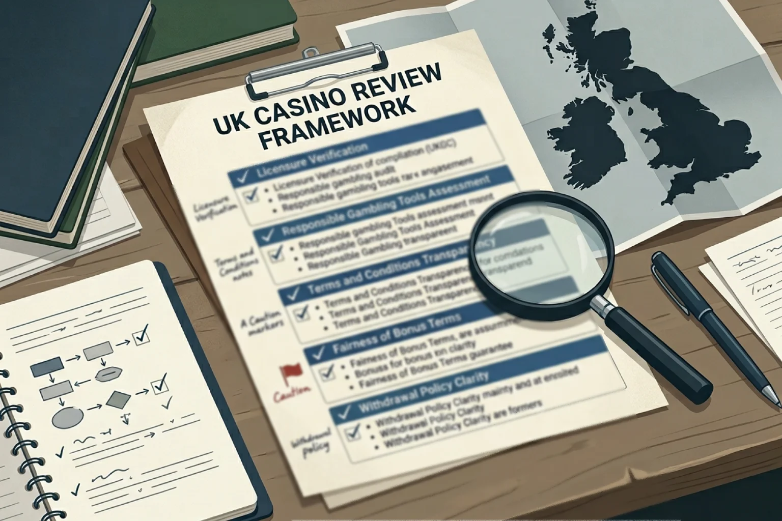 Neutral UK casino review checklist with caution markers