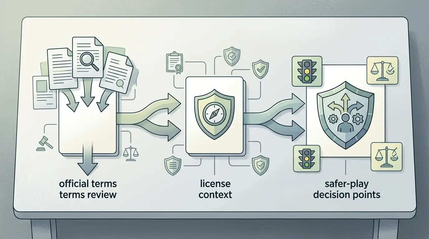 Abstract flow from official terms check to licence context and safer decision points