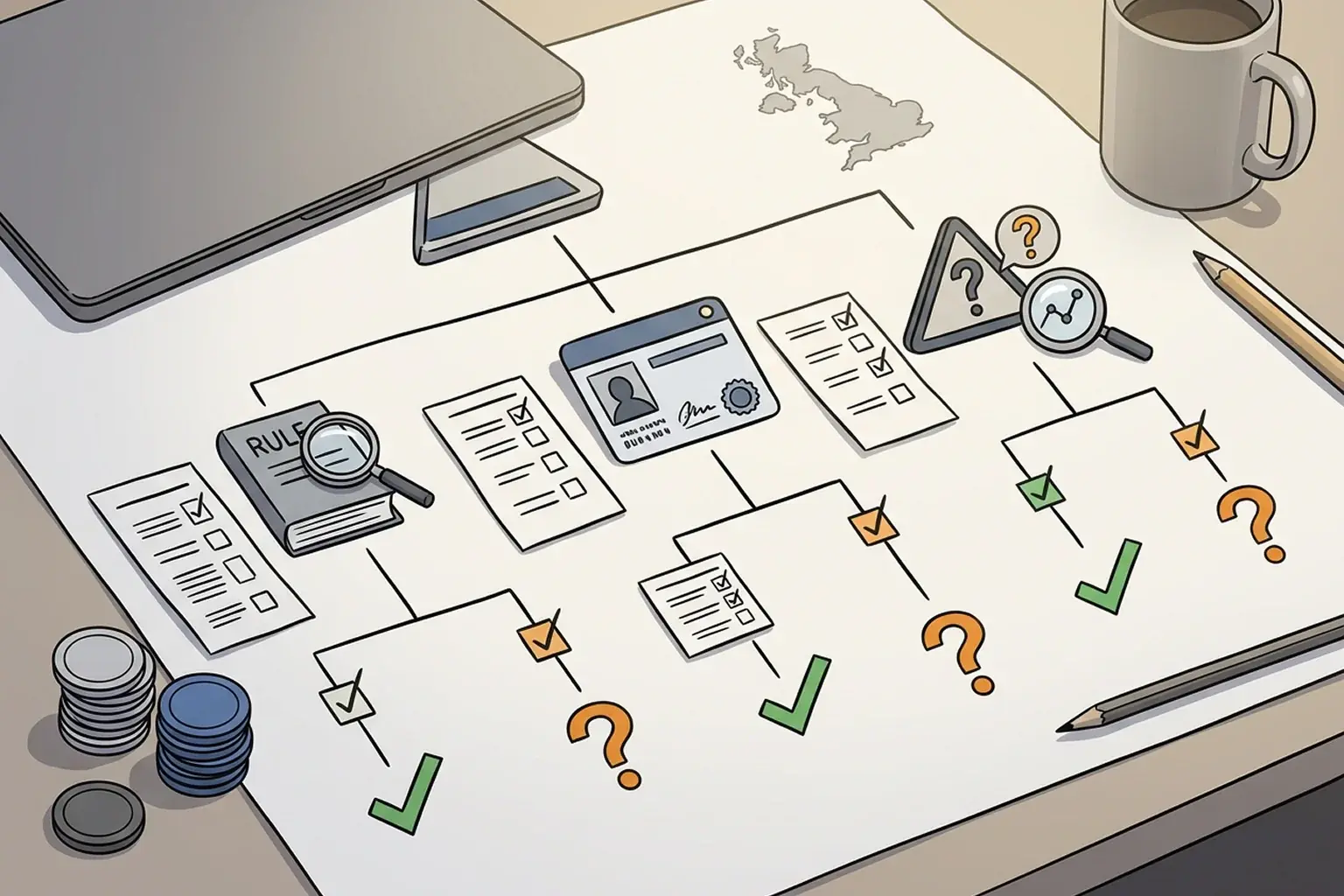 UK casino status checklist showing terms, licence and caution steps